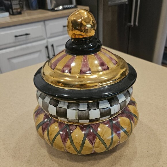 RARE MACKENZIE CHILDS ARGYLE PLAID AURORA CERAMIC GROOVY CANISTER JAR DISH AS IS - Picture 1 of 11